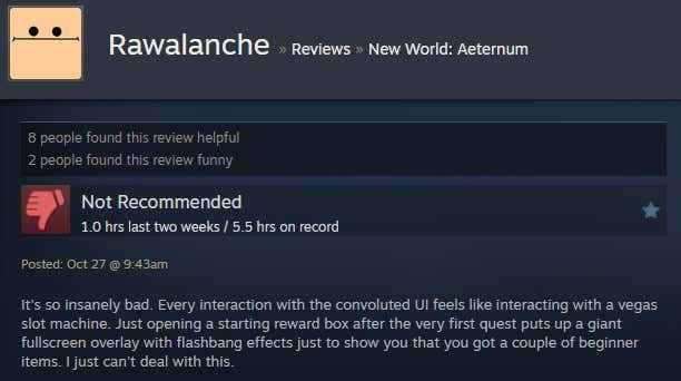 Image of the article titled New World: Eternal, as described in a Steam review